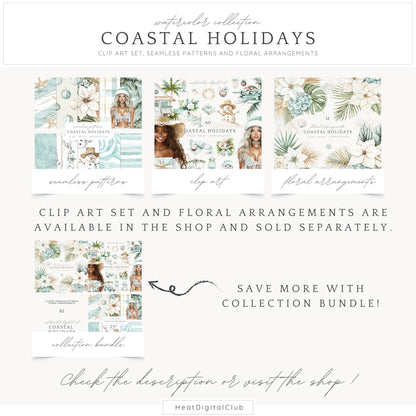 Coastal Holidays - Seamless Patterns, Ocean, Christmas | 10 JPEG