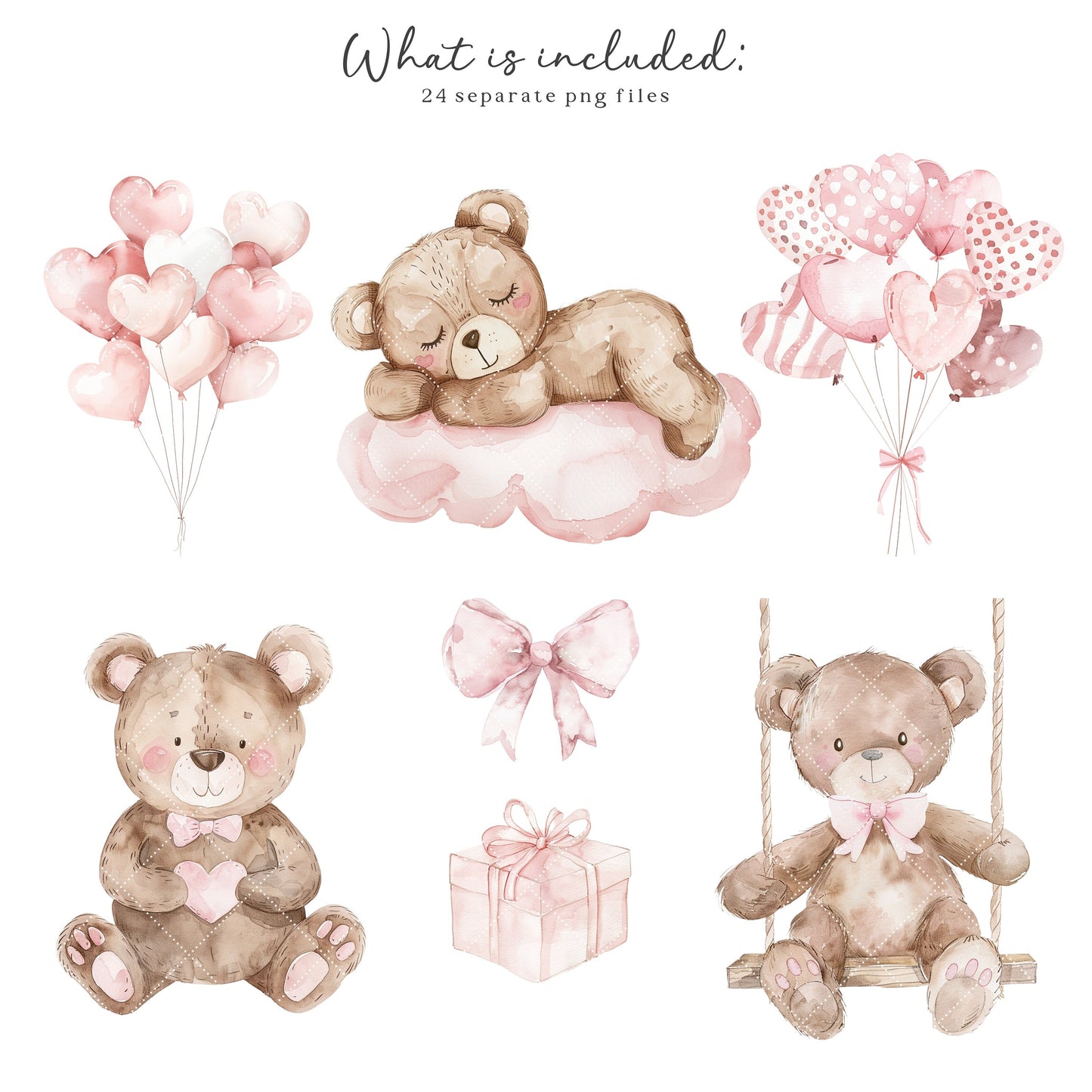 Sweet Teddies - Pink Teddy Bear, Nursery Animal Clipart, Cute Party Invite | 24 PNG