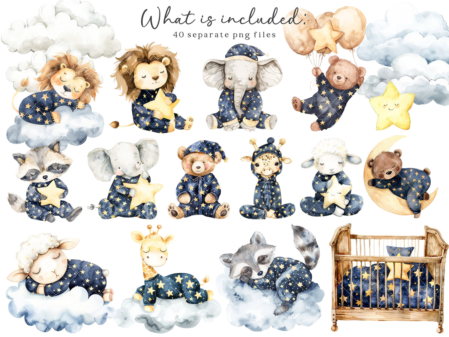 Dreamy Animals - Night Time, Pajama Party, Cute Nursery Animal Clipart | 40 PNG