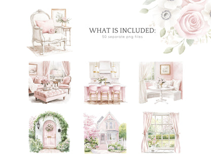 Spring Home - Cozy Spring, Pink Clip Art | 50 PNG