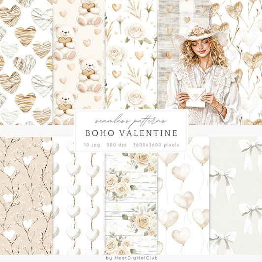 Boho Valentine - Valentines Day Seamless Patterns, Rustic, Romantic | 10 JPEG