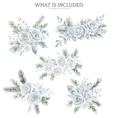 Silver Ice - Floral Arrangement, Cozy Winter Roses Clipart, Christmas | 12 PNG