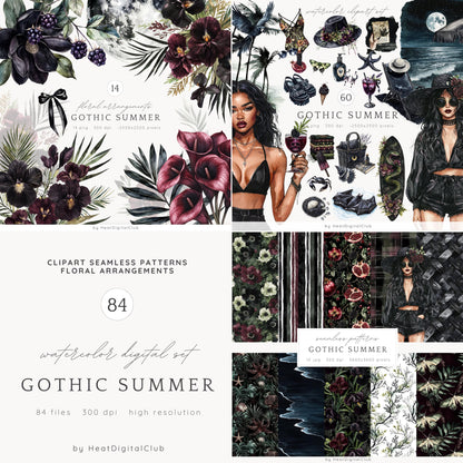 Gothic Summer - Collection Bundle, Goth Beach Time Clipart | 84 PNG/JPEG