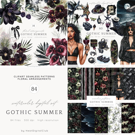 Gothic Summer - Collection Bundle, Goth Beach Time Clipart | 84 PNG/JPEG