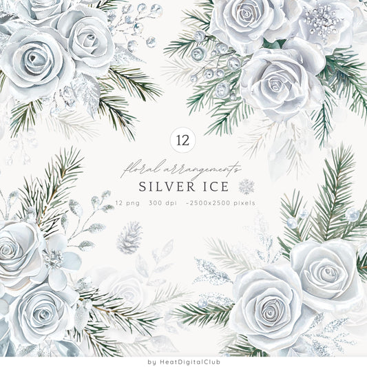 Silver Ice - Floral Arrangement, Cozy Winter Roses Clipart, Christmas | 12 PNG