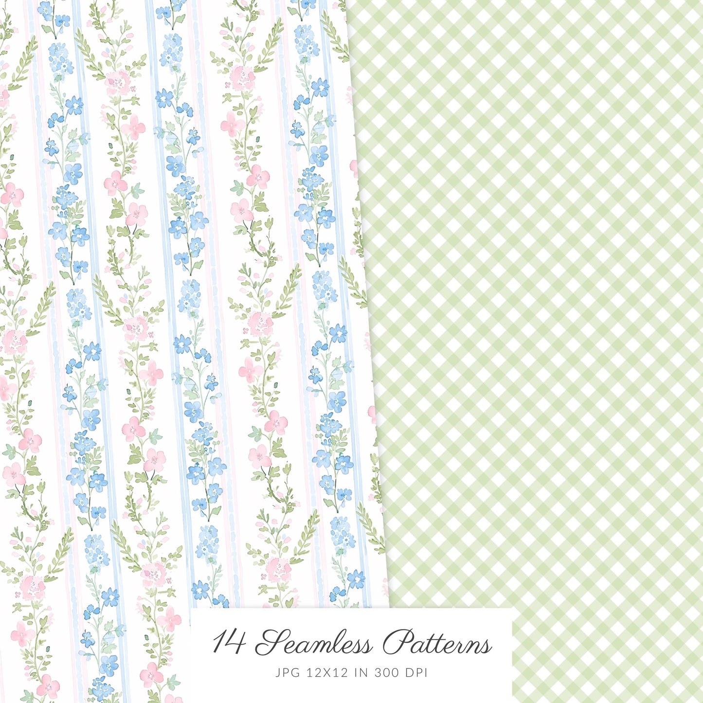 Grandmillennial - Seamless Patterns, Pastel Floral, Stripes, Plaid, Glitter | 14 JPEG