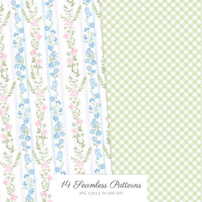 Grandmillennial - Seamless Patterns, Pastel Floral, Stripes, Plaid, Glitter | 14 JPEG