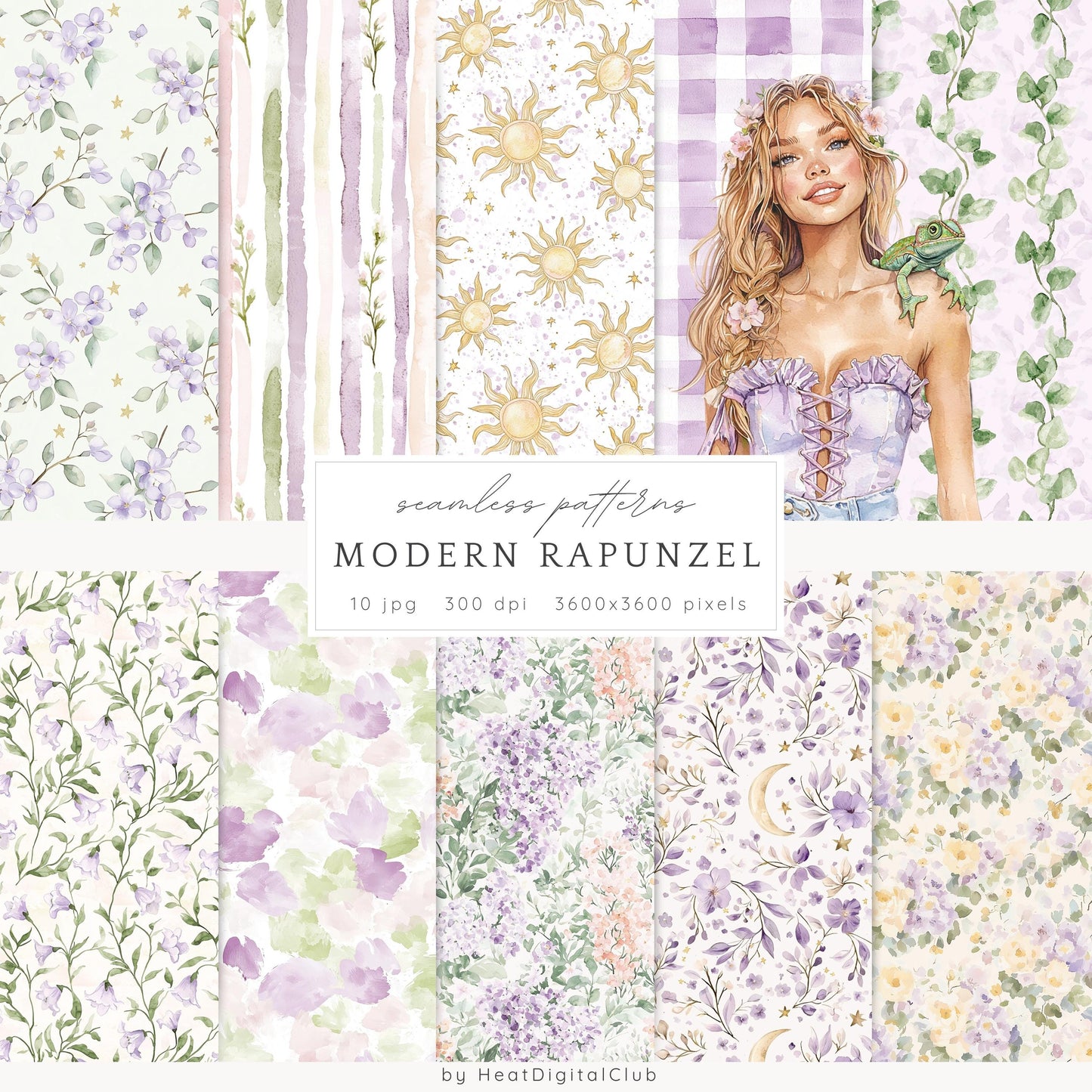 Modern Rapunzel - Seamless Patterns, Fantasy,  Flowers | 10 JPEG