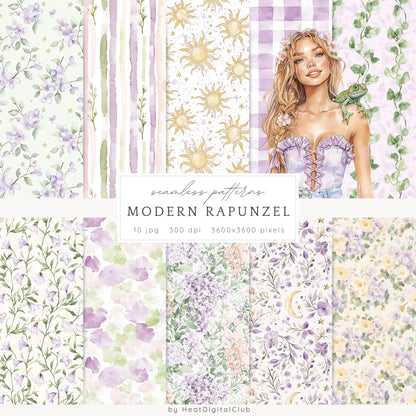 Modern Rapunzel - Seamless Patterns, Fantasy,  Flowers | 10 JPEG
