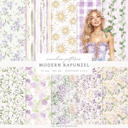 Modern Rapunzel - Seamless Patterns, Fantasy,  Flowers | 10 JPEG