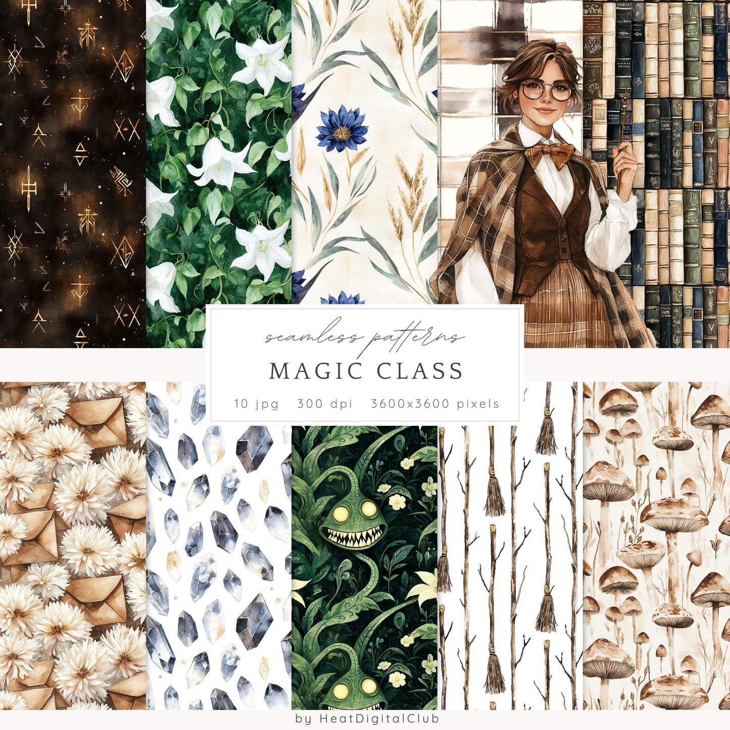 Magic Class - Seamless Patterns, Books, Runes, Mushrooms | 10 JPEG