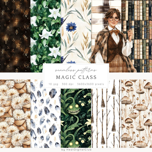Magic Class - Seamless Patterns, Books, Runes, Mushrooms | 10 JPEG