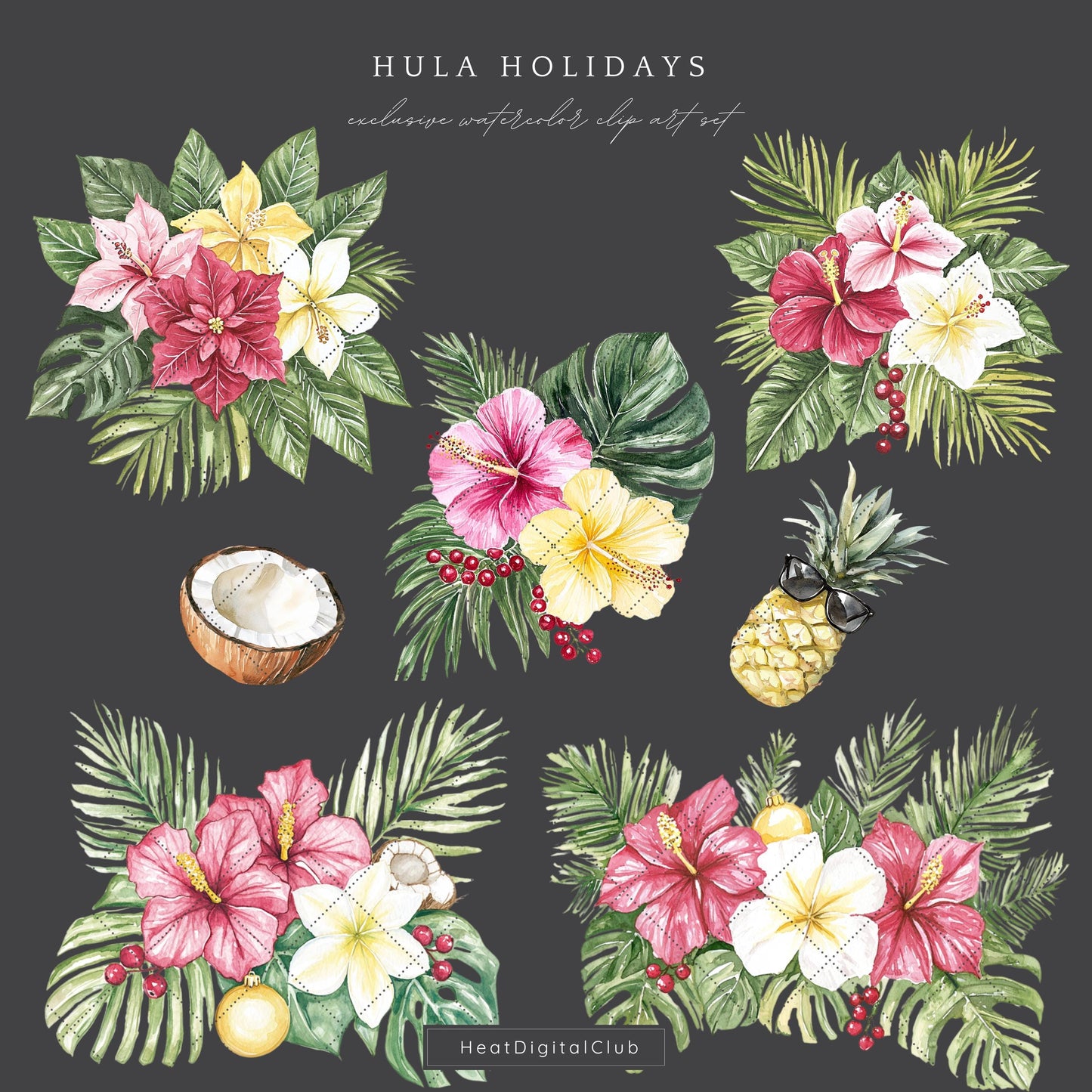 Hula Holidays - Floral Arrangement, Hawaiian Christmas Clipart, Winter | 12 PNG