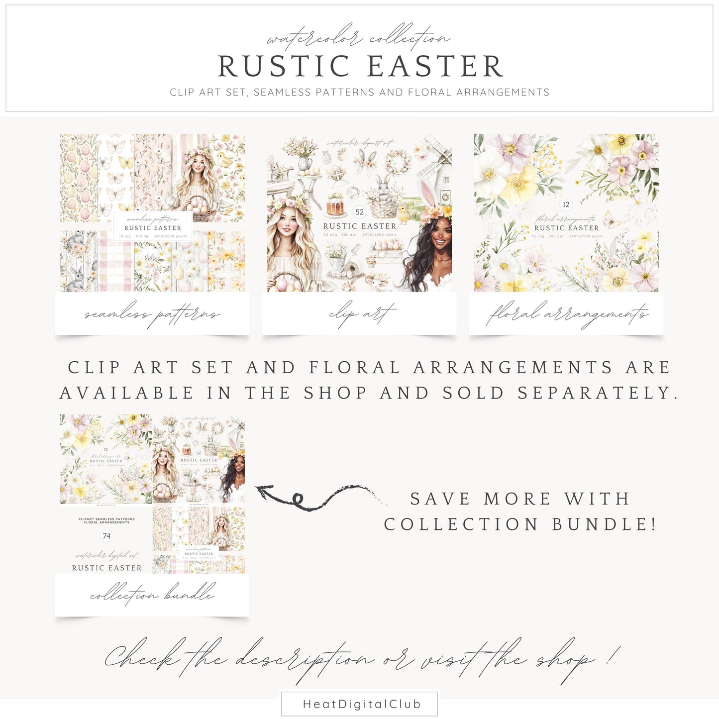 Rustic Easter - Seamless Patterns, Floral, Spring, Bunny | 10 JPEG