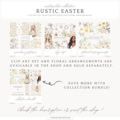 Rustic Easter - Seamless Patterns, Floral, Spring, Bunny | 10 JPEG