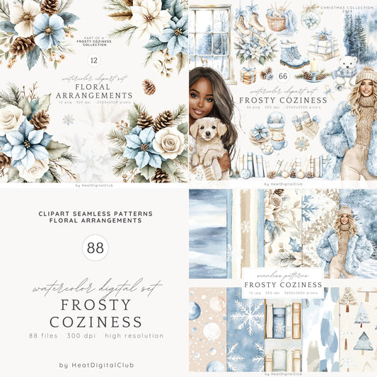 Frosty Coziness - Collection Bundle, Cozy Winter Clipart, Holidays | 88 PNG/JPEG