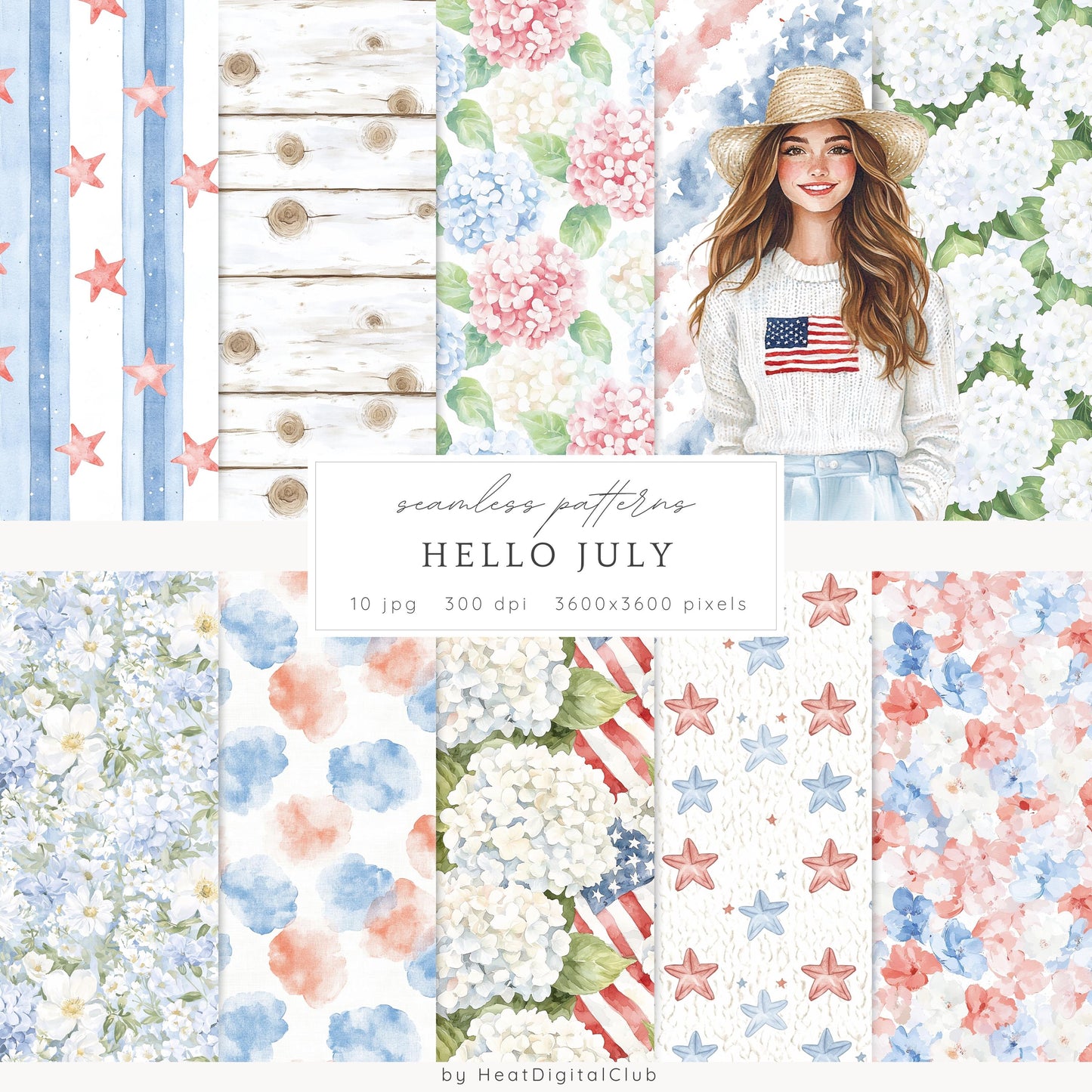 Hello July - Seamless Patterns, 4th of July, Independence Day | 10 JPEG