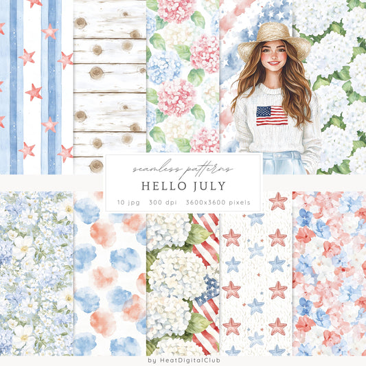 Hello July - Seamless Patterns, 4th of July, Independence Day | 10 JPEG