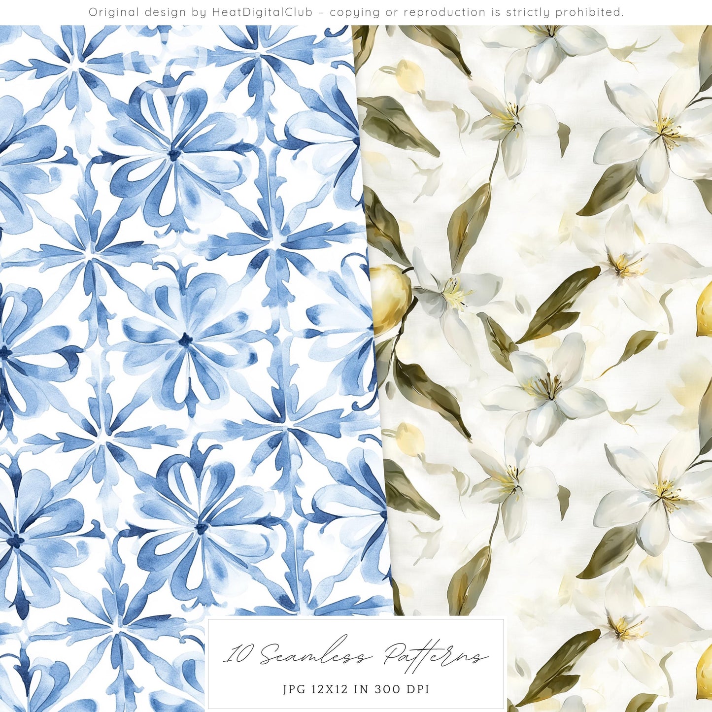 Sicilian Summer - Seamless Patterns, Italian Tile, Floral | 10 JPEG