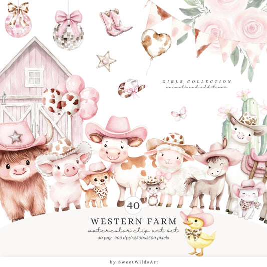 Western Farm - Cute Clipart, Cottage Animals, Pink, Cow, Pig, Sheep, Pony | 40 PNG