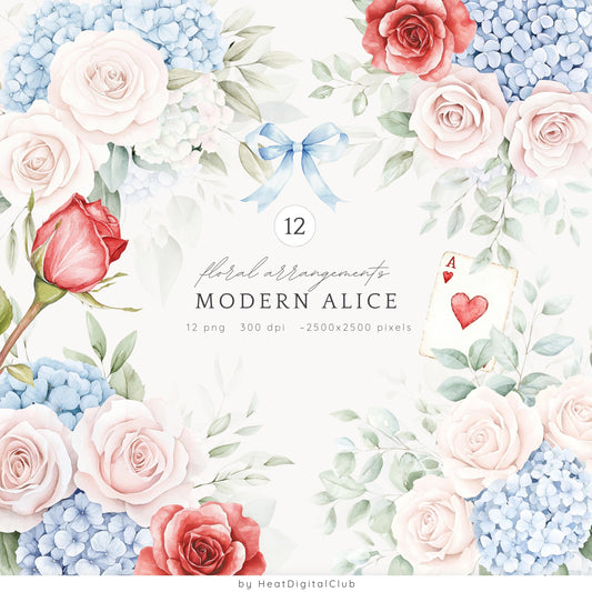 Modern Alice - Floral Arrangements Clipart, Pink Roses, Hydrangea | 12 PNG