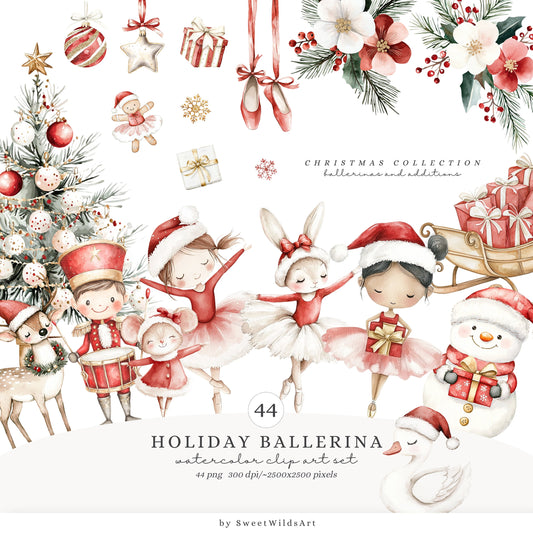 Holiday Ballerina - Cute Xmas Ballet, Christmas Flowers Clipart, Winter Ballerina | 44 PNG
