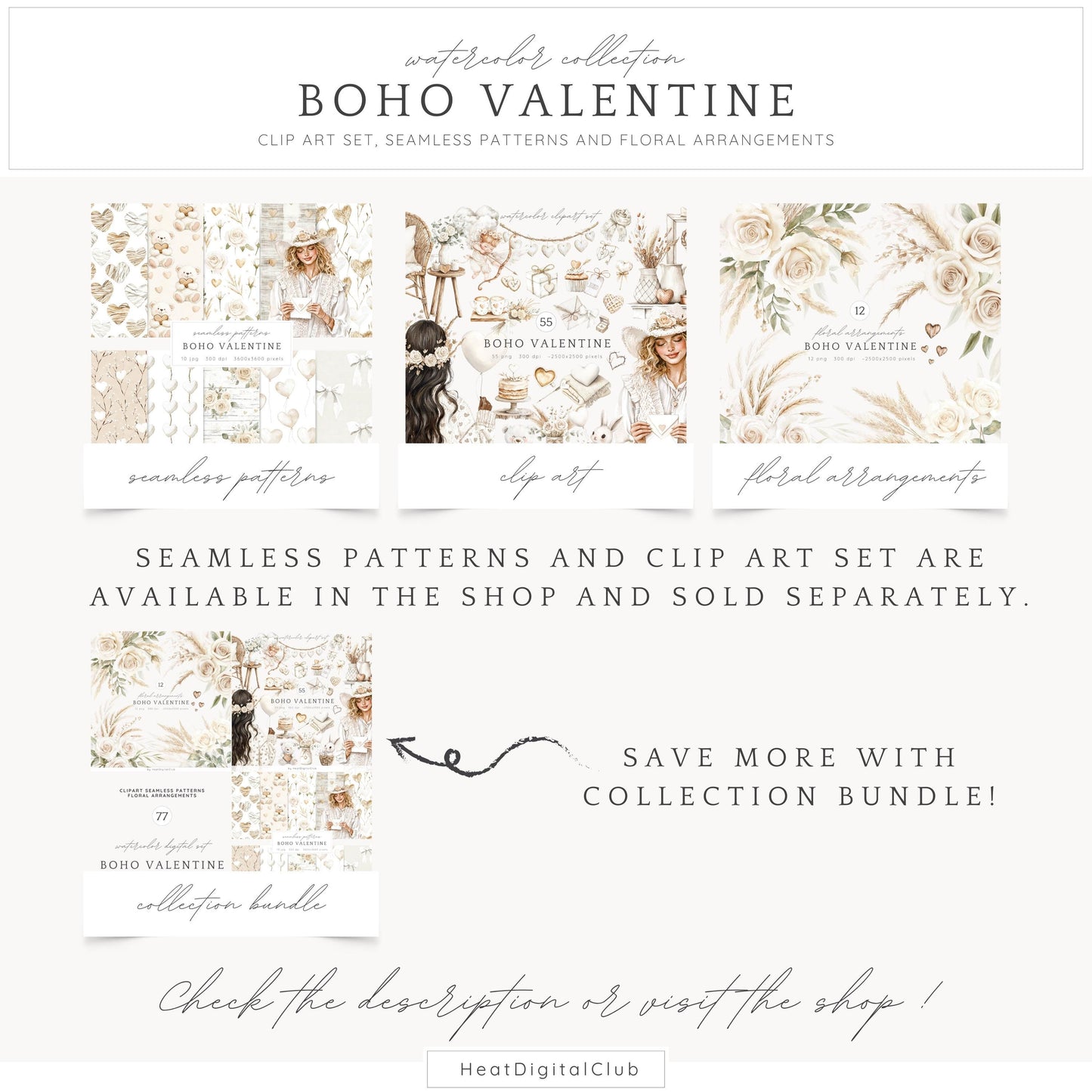Boho Valentine - Floral Arrangements Clipart, White Roses, Rustic Rose | 12 PNG