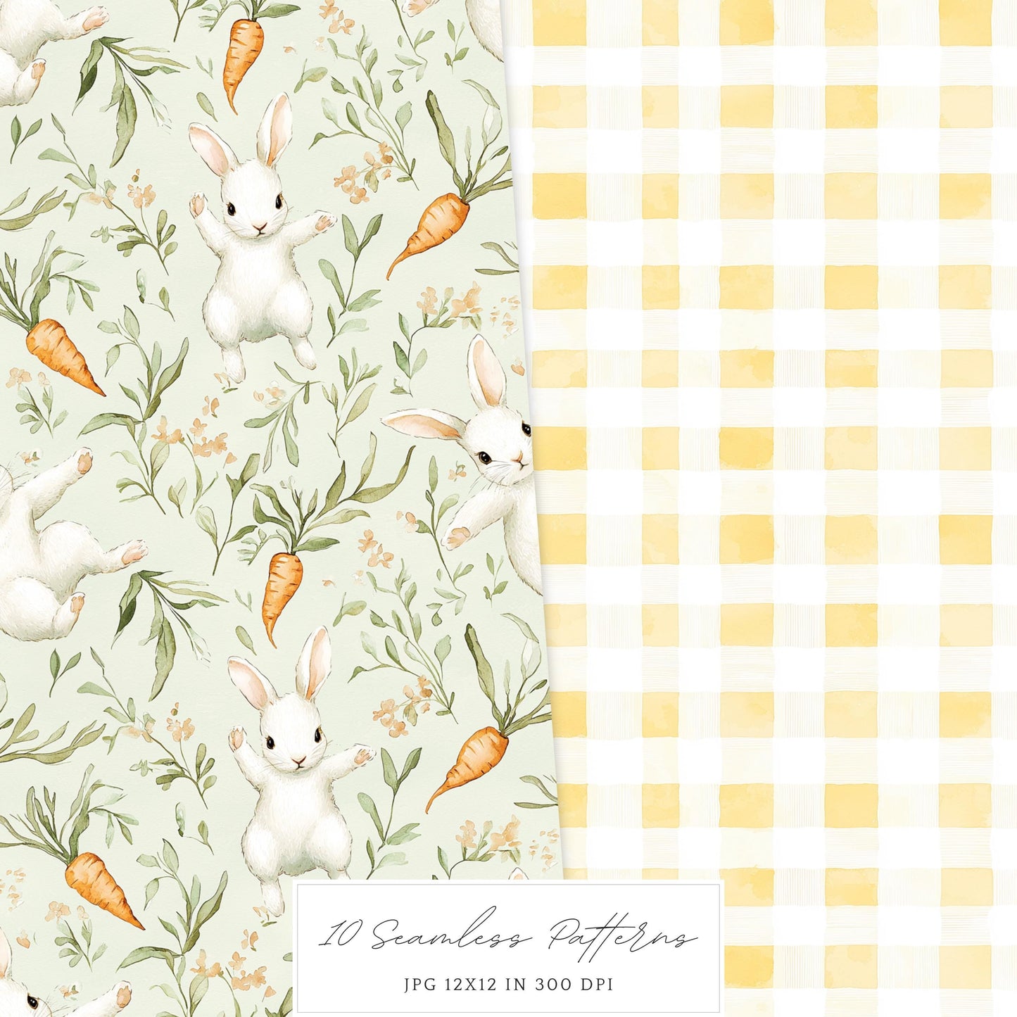 Happy Easter - Seamless Patterns, Gingham Plaid, Flowers, Bunnies | 10 JPEG