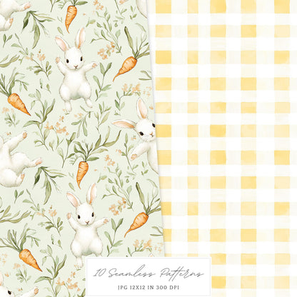 Happy Easter - Seamless Patterns, Gingham Plaid, Flowers, Bunnies | 10 JPEG