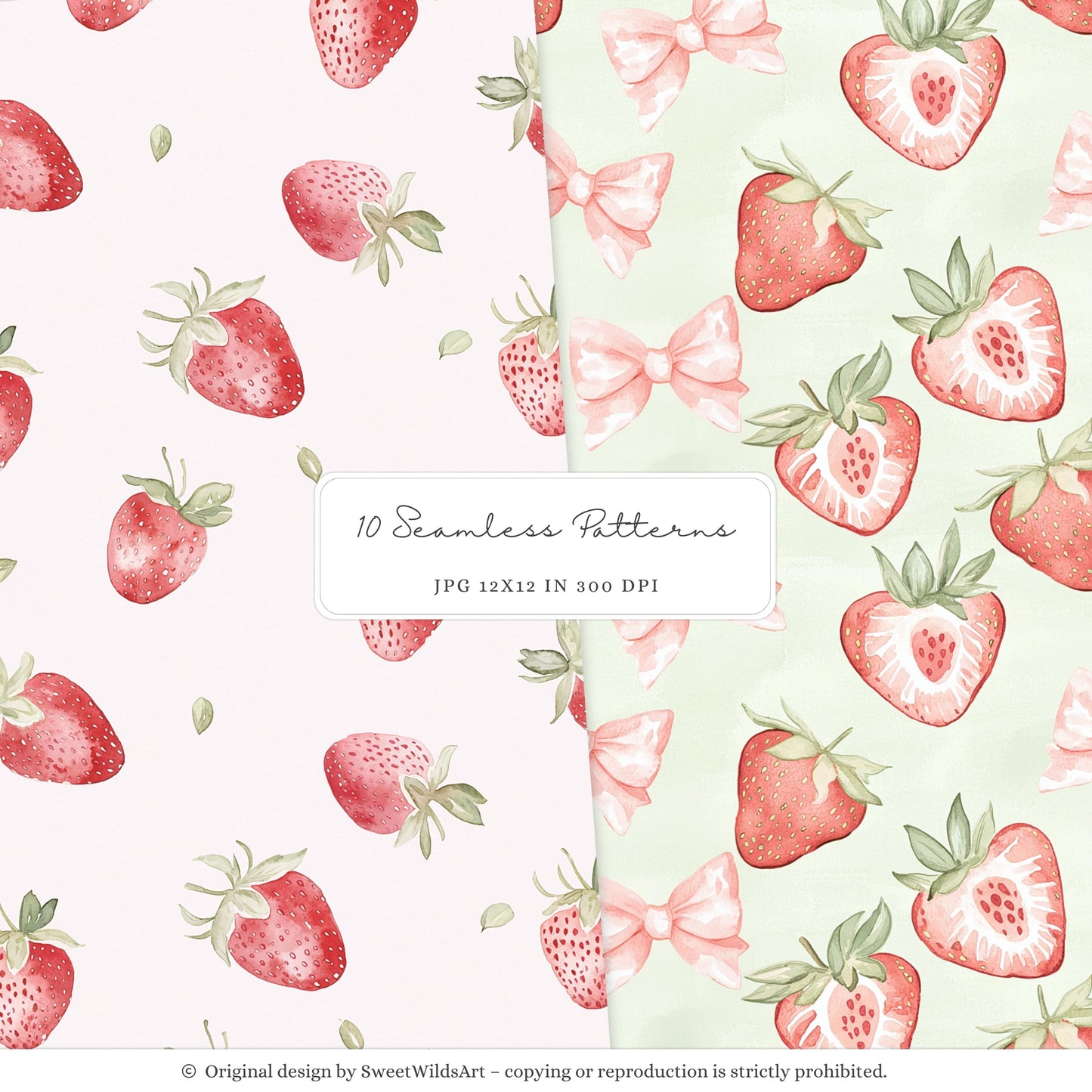 Sweet Strawberry - Seamless Patterns, Berry, Strawberry | 10 JPEG