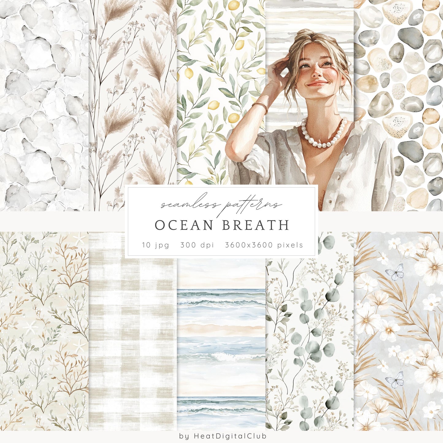 Ocean Breath - Seamless Patterns, Neutral Summer Beach  | 10 JPEG