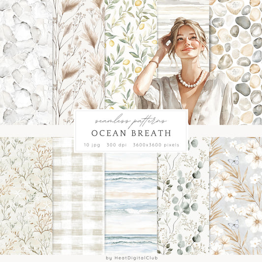 Ocean Breath - Seamless Patterns, Neutral Summer Beach  | 10 JPEG