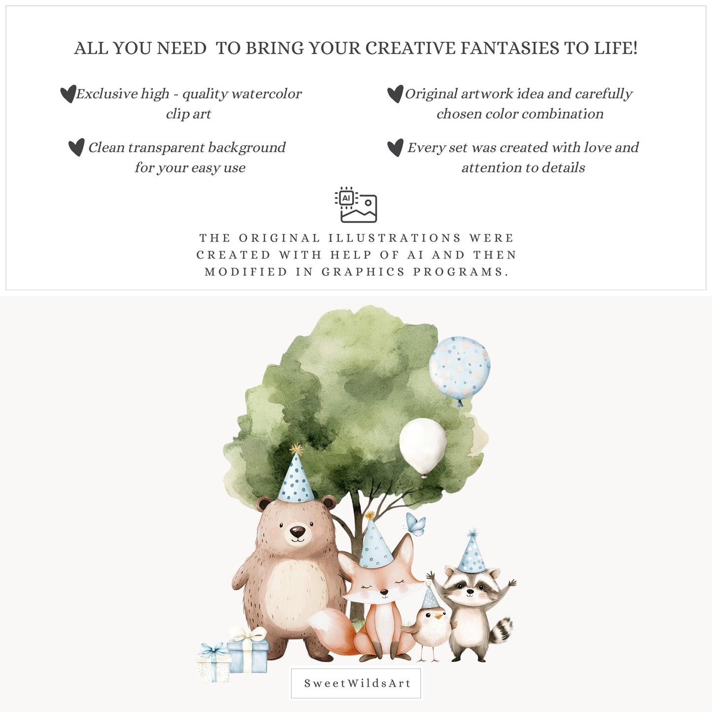 Birthday Friends - Cute Woodland, Baby Animal Clipart, Party, Boy Birthday | 40 PNG