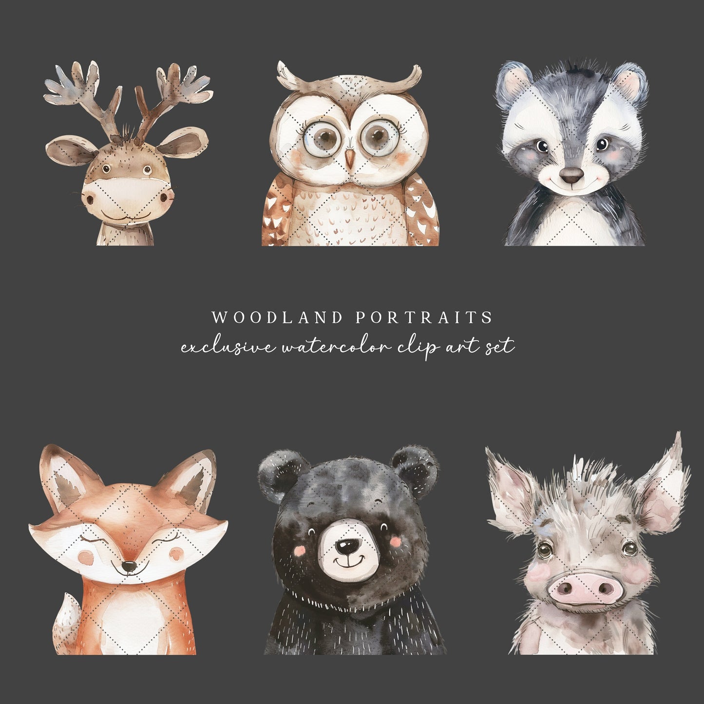 Woodland Portraits - Cute Animals Clipart, Baby Shower, Nursery, Boho Forest | 20 PNG