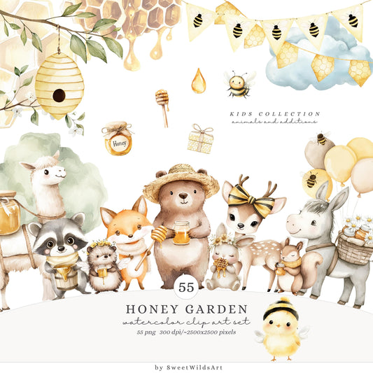 Honey Garden - Cute Animals, Baby Bee Clipart, Summer Flowers | 55 PNG