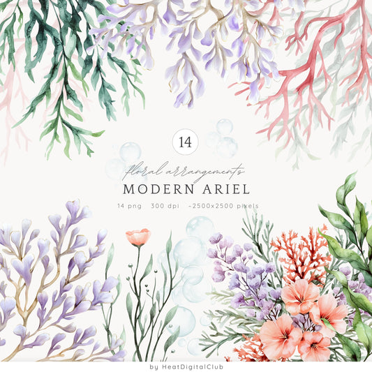 Modern Ariel - Mermaid, Botanical Floral Arrangements | 14 PNG