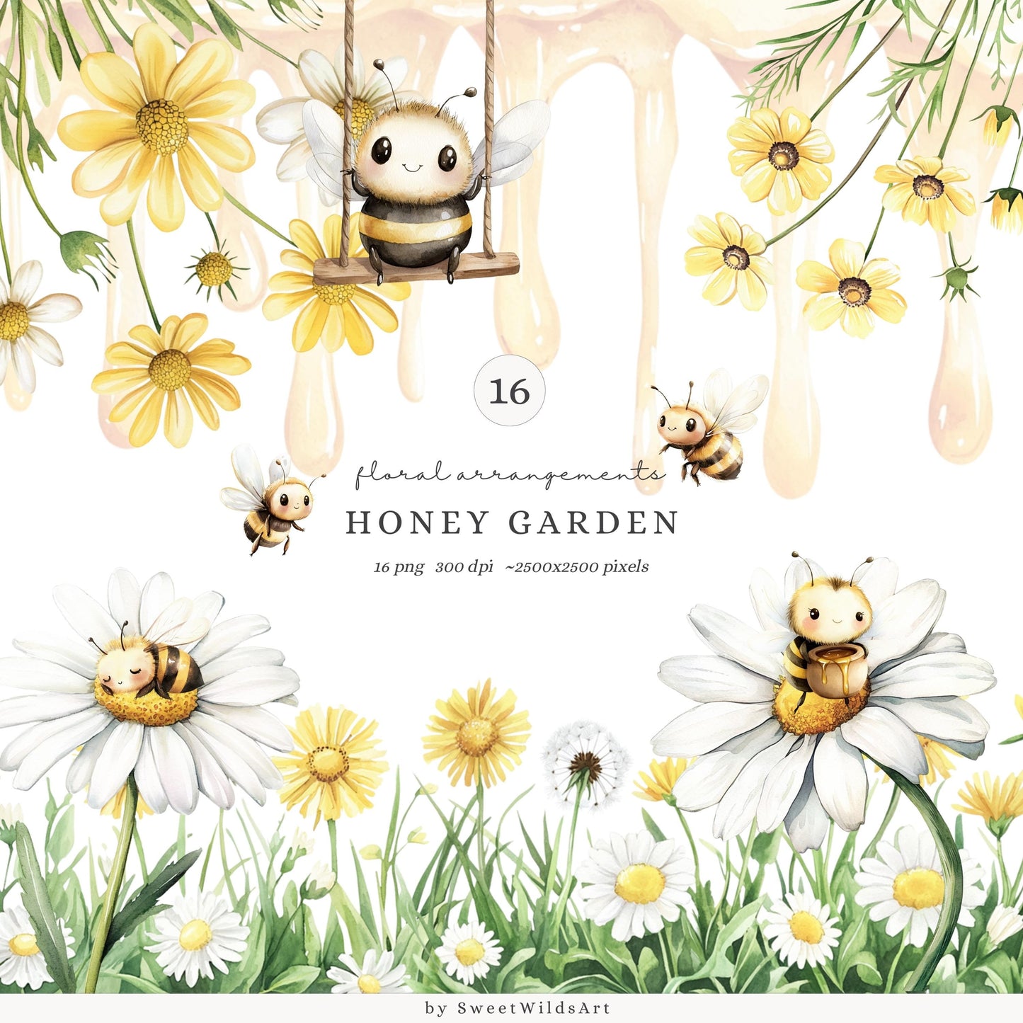 Honey Garden - Floral Arrangements, Daisies, Dandelions, Bees and Honey | 16 PNG
