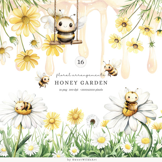 Honey Garden - Floral Arrangements, Daisies, Dandelions, Bees and Honey | 16 PNG