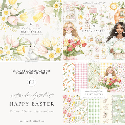 Happy Easter - Collection Bundle, Easter Eggs Clipart, Cottage | 83 PNG/JPEG