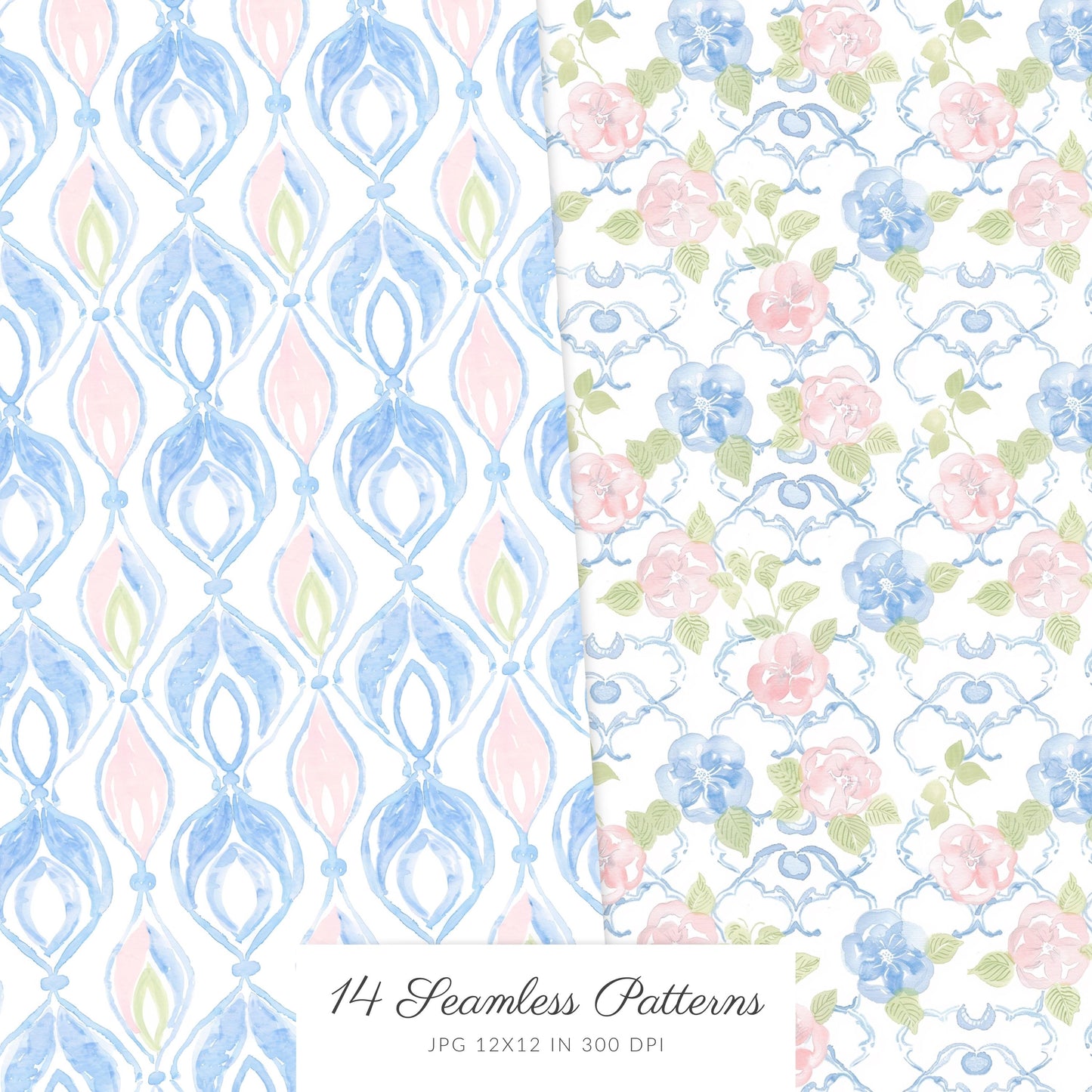 Grandmillennial - Seamless Patterns, Pastel Floral, Stripes, Plaid, Glitter | 14 JPEG