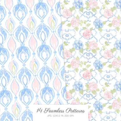 Grandmillennial - Seamless Patterns, Pastel Floral, Stripes, Plaid, Glitter | 14 JPEG