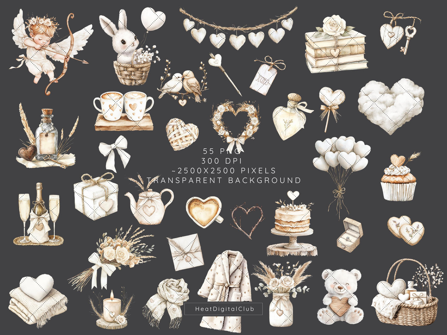 Boho Valentine - Romantic Clipart, Rustic Love | 55 PNG