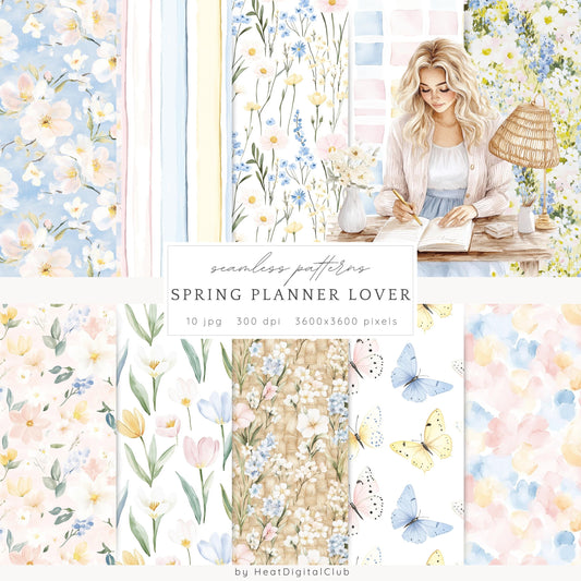 Spring Planner Lover - Seamless Patterns, Floral Pastel, Plaid | 10 JPEG