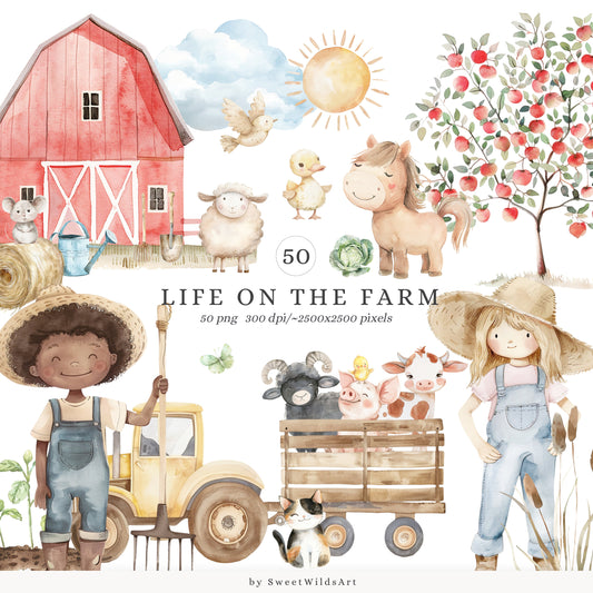 Life on the Farm - Cute Farm Clipart, Cottage Animals, Cow, Pig, Sheep, Pony | 50 PNG
