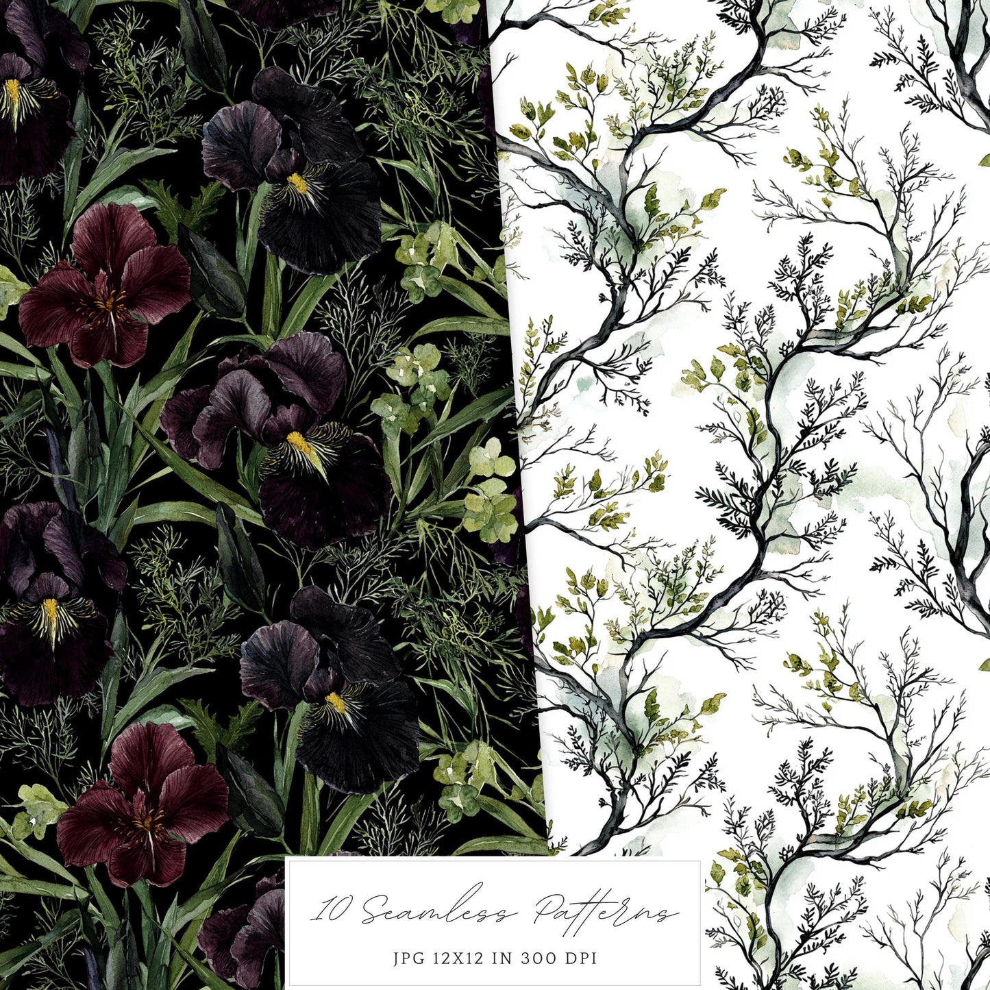Gothic Summer - Seamless Patterns, Dark Beach, Goth Floral | 10 JPEG