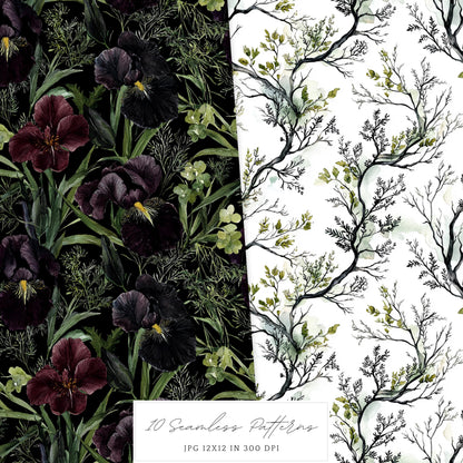Gothic Summer - Seamless Patterns, Dark Beach, Goth Floral | 10 JPEG