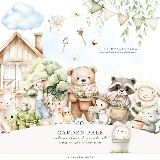 Garden Pals - Cute Spring Animals Clipart, Cottage, Nursery | 60 PNG