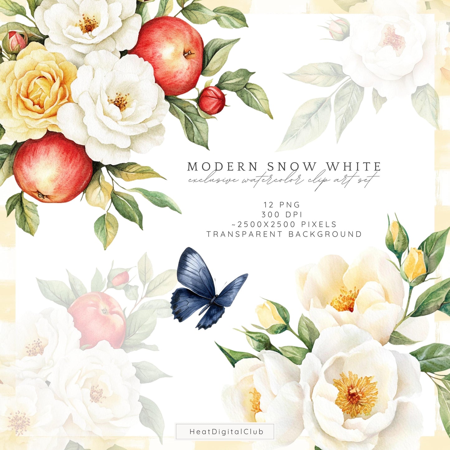Modern Snow White - Floral Arrangements, White Peonies, Yellow Roses | 12 PNG