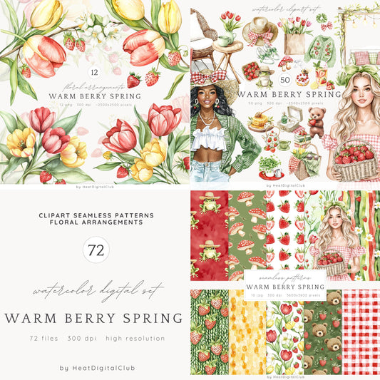 Warm Berry Spring - Collection Bundle, Cottage Summer, Floral | 72 PNG/JPEG