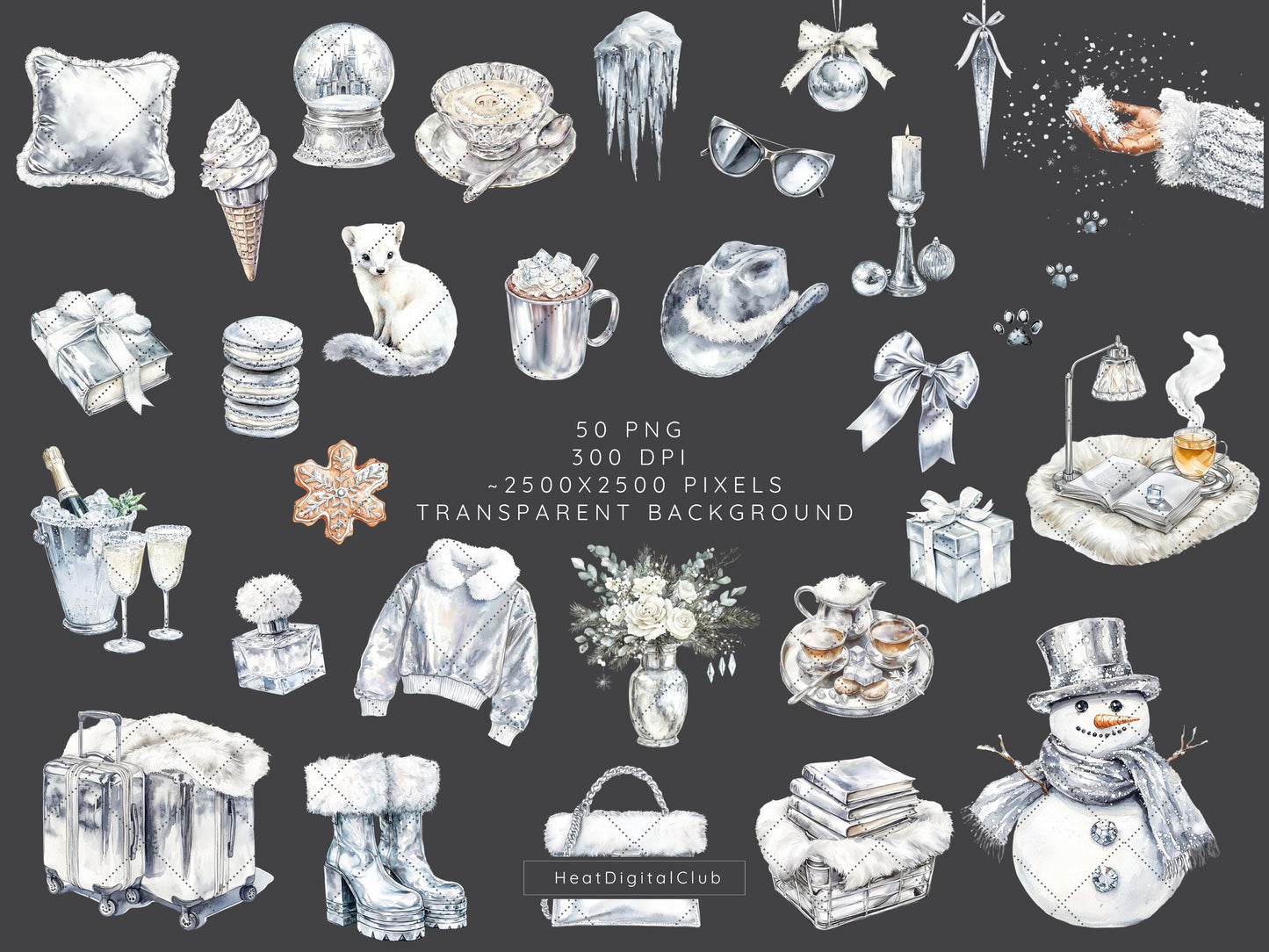 Silver Ice - Cozy Winter Clipart, Modern Holidays, Christmas | 50 PNG